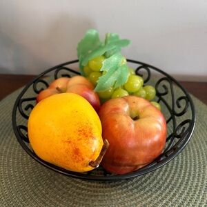 MCM Wrought Iron Footed Fruit Basket & Faux Fruits That Look Real Vintage VGUC.